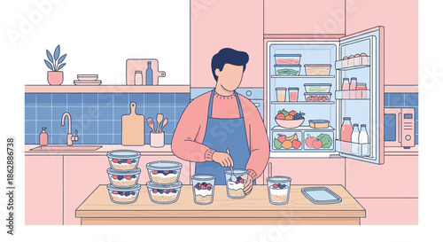 Young man in apron preparing homemade baked goods in cozy pink kitchen with shelves utensils and fresh ingredients for cooking or baking hobby illustration