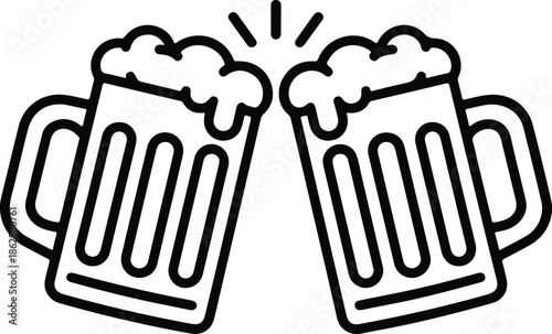 Beer Cheers Icon Vector Illustration, Clinking Beer Mugs Line Icon