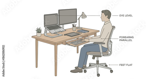 Ergonomic home office workspace setup with labeled desk chair monitor and proper posture guidelines for healthy remote work environment