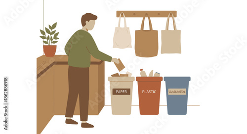 Man organizing kitchen waste into separate recycling bins with plants on shelves for sustainable living and eco friendly home practices
