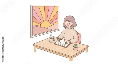 Woman sitting at desk journaling with sunset wall art succulent plant and warm pink decor for creative writing and self reflection time