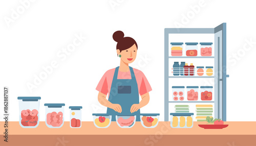 Woman making pottery ceramics at home studio workspace with shelves jars and handmade crafts for artistic hobby and creative activities