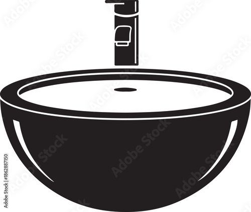 Modern bathroom bowl sink with sleek faucet in minimalist black silhouette icon