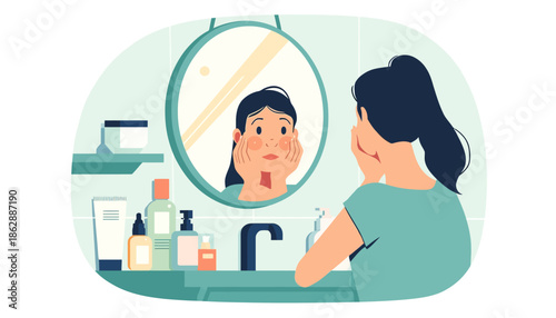 Woman looking at mirror reflection applying skincare products for beauty routine self care and personal grooming illustration vector concept