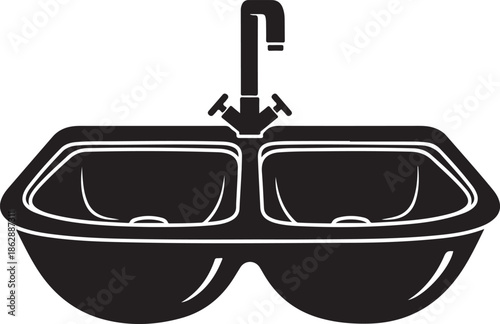 A clean and modern double basin kitchen sink with a central faucet for contemporary homes