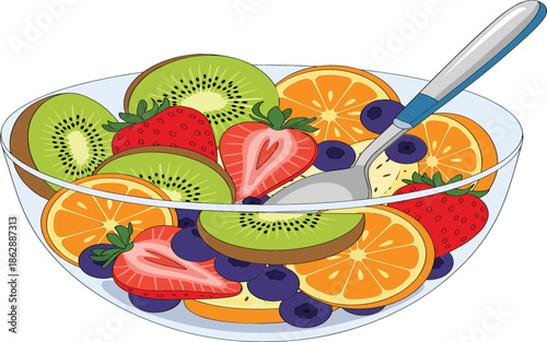 Fresh healthy fruit salad bowl with sliced kiwi strawberries oranges and blueberries with a spoon for organic breakfast and vegetarian snack.