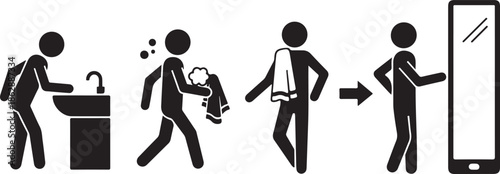 Daily personal care routine: washing, drying, and checking appearance with a phone