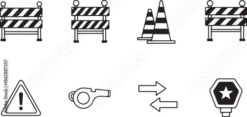 Essential collection of linear safety and warning icons for construction, traffic, and security