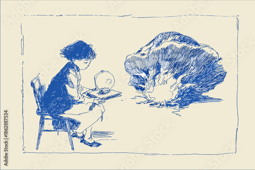 Whimsical Illustration of a Mouse Reading by a Seashell