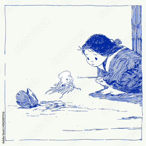 Whimsical Illustration of a Mouse Reading by a Seashell