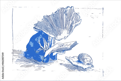 Whimsical Illustration of a Mouse Reading by a Seashell