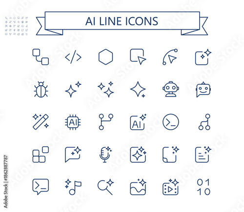Ai line vector icon set. Artificial intelligence outline icons.