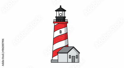 Striking striped lighthouse by the coast at sunset overlooking the sea.