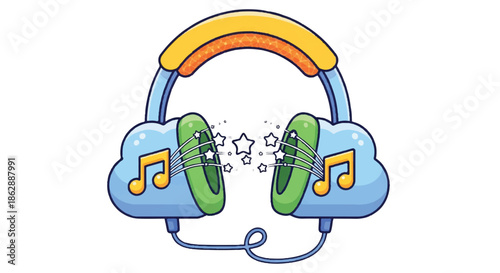 Playful cartoon headphones with musical notes illustration for graphic resources.