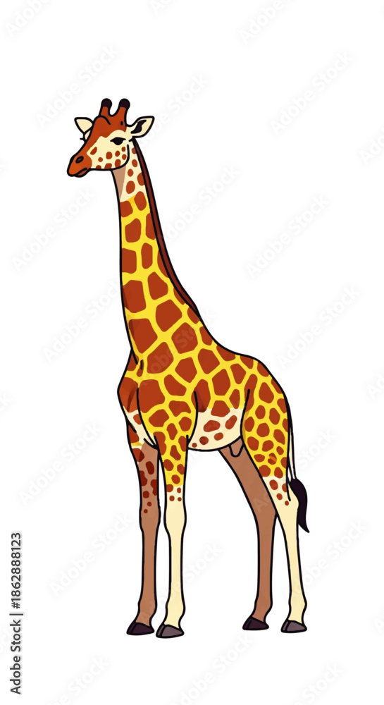 Obraz premium Playful cartoon giraffe standing tall in a simple illustration style.