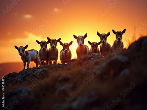 Seven sheep standing in a line, facing left, arranged before a cliff during sunset Warm lighting with orange and pink hues Rugged landscape below the cliff - AI-Generated