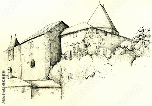Hand-drawn ink illustration of a medieval stone castle perched on a rocky cliff. Features detailed architectural elements, shutters, and a gothic tower in a classic vintage sketching style.