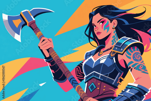 Tattooed warrior woman with double headed axe in blue metallic armor and dynamic abstract background.