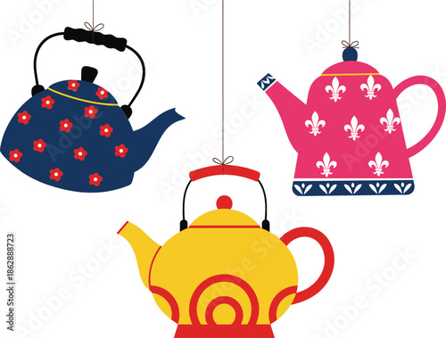 Set of three hanging colorful ceramic teapots with decorative floral and fleur-de-lis patterns in blue pink and yellow for kitchen cafe or tea party designs.