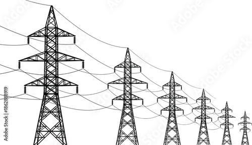 High voltage power transmission towers line art illustration with electricity pylons and overhead cables industrial energy infrastructure design