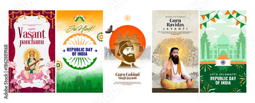 Collection of indian festive and national day celebration posters and greetings