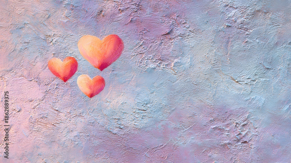 Fototapeta premium Gentle glowing hearts floating above textured canvas oil painting background