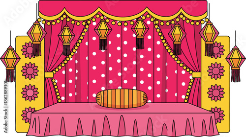 Traditional Indian wedding stage decoration featuring pink curtains with polka dots yellow lanterns floral accents and a bolster pillow for festive celebrations.