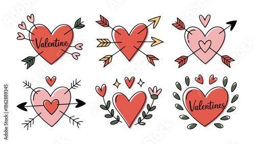 Valentine Hearts and Arrows: Charming illustrations of hearts pierced with arrows, adorned with floral elements, symbolizing love and affection. Each design encapsulates the spirit of Valentine's Day.