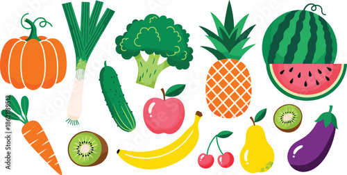 Large collection of colorful fresh fruits and vegetables icons including pumpkin broccoli pineapple watermelon carrot and banana isolated on a clean white background.