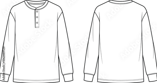 Long sleeve henley shirt technical line drawing with front and back views, mens casual apparel template, fashion flat sketch vector