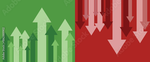 Up and down arrow comparison background. Business growth versus decline concept with green upward and red downward arrows. Financial performance, profit, loss and market trend illustration