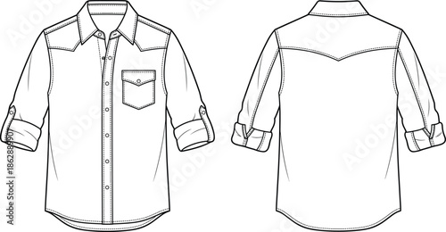Men long sleeve button down shirt technical flat drawing front and back views apparel fashion vector illustration template