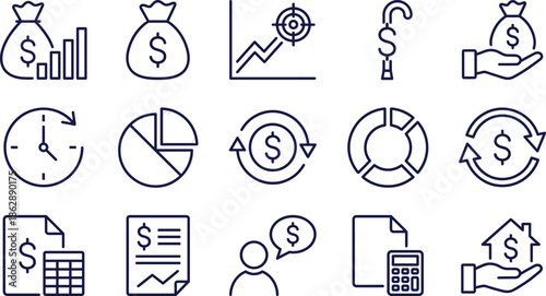 Collection of blue linear icons representing finance, investment, banking, money management, economic growth, and business profit analysis symbols.