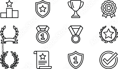 Collection of linear vector icons featuring award trophies, winner medals, achievement badges, certification shields, and success symbols for competition.