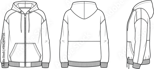 Men zip up hoodie technical flat drawing front back and side views casual sweatshirt apparel vector illustration template