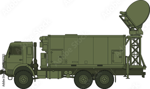Military radar truck illustration with satellite antenna system, mobile surveillance vehicle side view, detailed defense technology flat vector isolated on white background