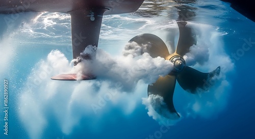 Underwater Ship Propeller in Motion, Creating Stunning Air Bubbles and White Water.
