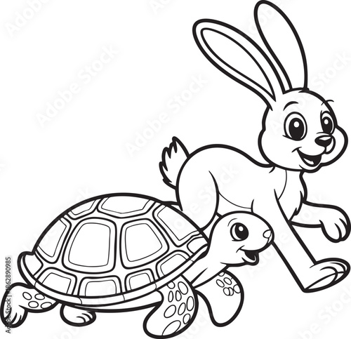 A cartoon illustration of a hare running ahead of a determined turtle