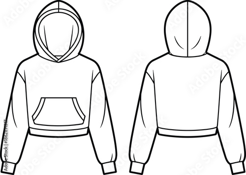Technical flat hoodie sweatshirt vector illustration front and back views, casual cropped hoodie apparel design template, clean black line fashion drawing