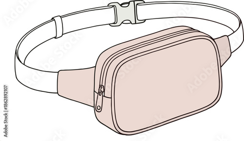 Waist bag belt pouch illustration with zipper pocket, modern crossbody fanny pack accessory, minimal flat vector design isolated on white background