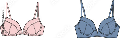 Women lingerie bra illustration set in pink and blue colors, underwire fashion underwear vector design isolated on white background, minimal style