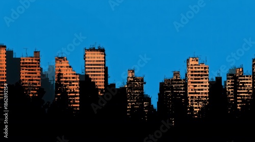 Silhouette of a city skyline at sunset with orange and blue hues.