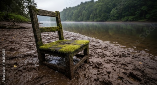 An old mossy wooden chair sits abandoned on a muddy river bank.
