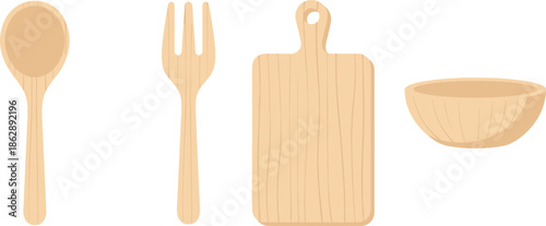 Wooden kitchen utensils illustration set with spoon fork cutting board and bowl, natural cooking tools collection, flat vector design isolated on white