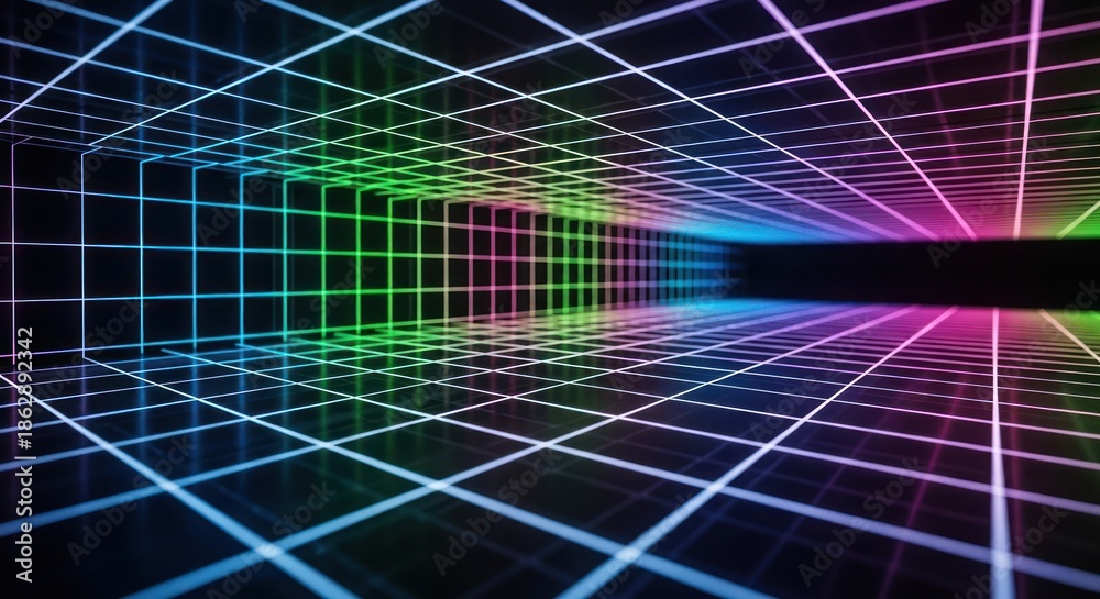 Obraz premium Abstract neon grid tunnel with rainbow colors