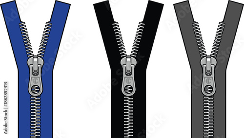 Zipper illustrations set in blue black and gray colors, realistic clothing fastener design, fashion accessory vector isolated on white background