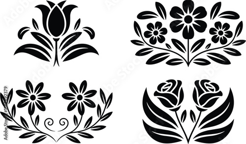 Floral ornament silhouette collection with decorative flowers leaves botanical design vector black white elements set illustration art minimal nature icons