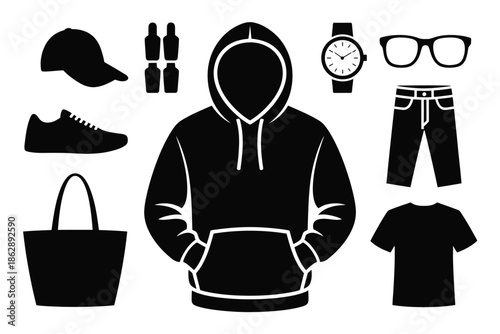 Faceless figure wearing a hoodie anchors collection of casual modern.