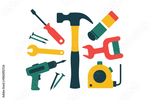 Assortment of colorful construction hand tools are displayed against white.