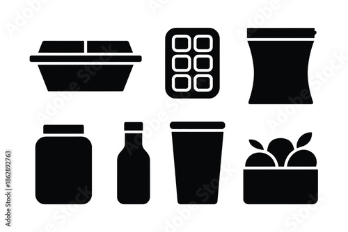 Various food packaging items like containers, cups, and bottles displayed.